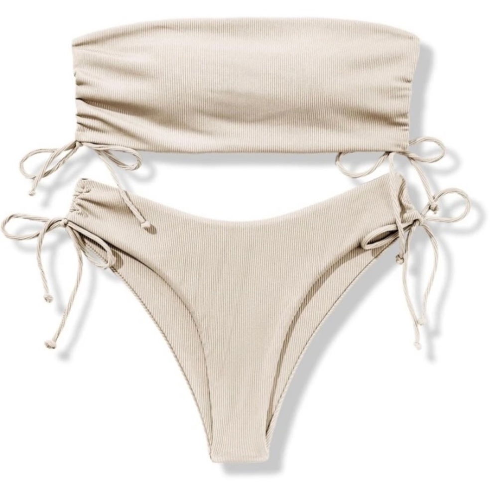 Rib Drawstring Side Bandeau Bikini Swimsuit